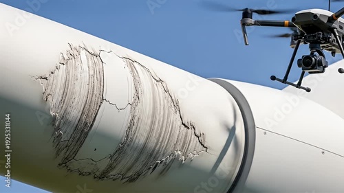 A drone inspecting a wind turbine blade with visible surface damage under a clear blue sky