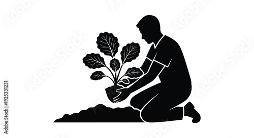 A kneeling gardener carefully tending to a leafy plant in a pot depicted as a striking silhouette