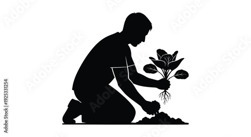 A kneeling figure tenderly plants a small seedling into the earth showcasing growth and care a silhouette