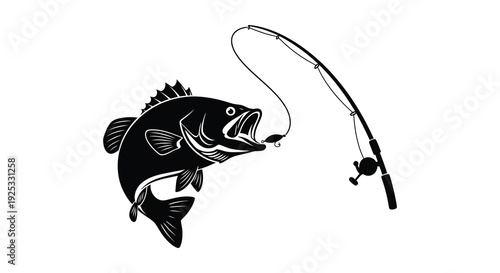 A striking black silhouette depicts a largemouth bass caught on a fishing line and rod silhouette high quality