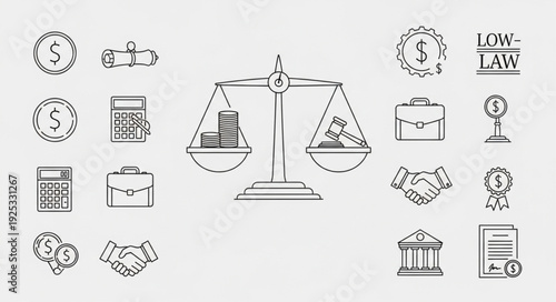 Law and justice icons with scales of justice and legal documents.