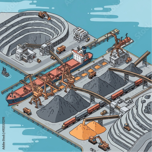 Industrial harbor with cargo ships and coal handling facilities.