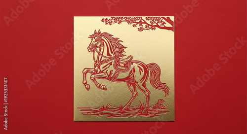 Intricate Golden Horse Sculpture with Red Accents on Red Background.