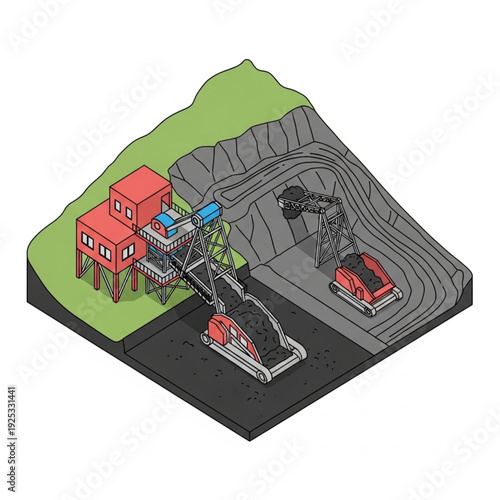 3D illustration of an open pit coal mine with machinery and infrastructure.