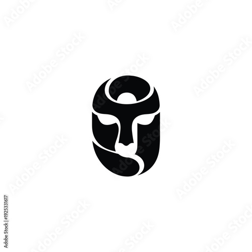 Stylized facial mask illustration featuring abstract human features from a frontal perspective