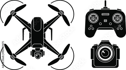 Aerial Photography Drone Silhouette Featuring Quadcopter with 4K Camera Remote Controller and Professional DSLR Camera for Media Production