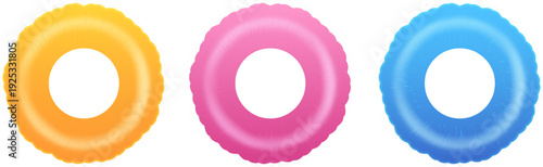 3D Inflatable swimming ring in yellow, pink and blue icon set. Inflatable pool float. Fun on the beach. Vector illustration isolated on white background.