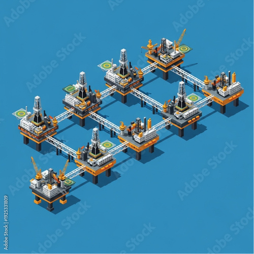 Isometric illustration of an offshore oil rig platform complex.