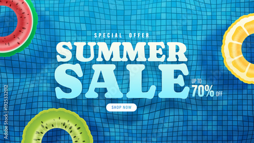 Summer sale banner. Summer sale vector with fruit pool float and discount text for banners, cards, flyers, social media wallpapers. Top view of summer blue waves, swimming pool