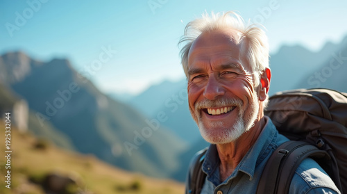 Close-up portrait of smiling senior man with backpack against mountain hills under soft light. Realistic natural tones highlight vitality and outdoor energy