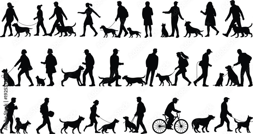 Obraz premium PrintDog walking silhouette, people with pets, outdoor activity, companionship, pet ownership, exercise routine, community lifestyle, animal care, friendship bond, leisure, fitness, 