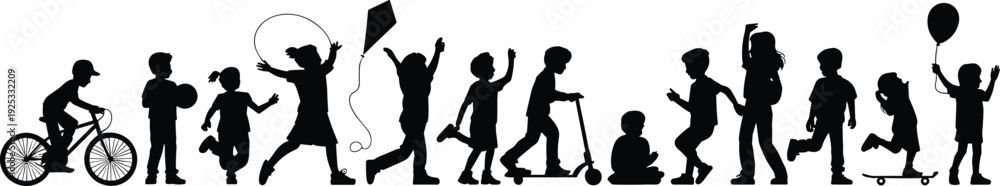 Obraz premium PrintChildren silhouettes playing outdoors, biking, running, skateboarding, flying kite, jumping rope, walking, scooter riding, balloon holding, joyful childhood activities