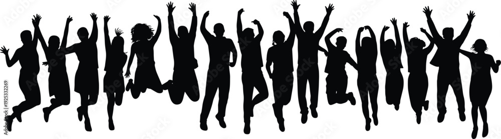 Fototapeta premium PrintGroup celebration silhouette, joyful people jumping, unity in motion, happiness expression, teamwork success, festive gathering, energetic crowd, community spirit, dynamic post