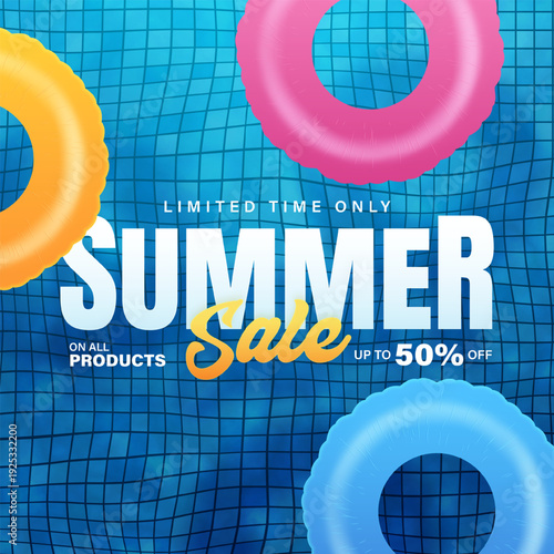 Summer sale banner. Summer sale vector with fruit pool float and discount text for banners, cards, flyers, social media wallpapers. Top view of summer blue waves, swimming pool