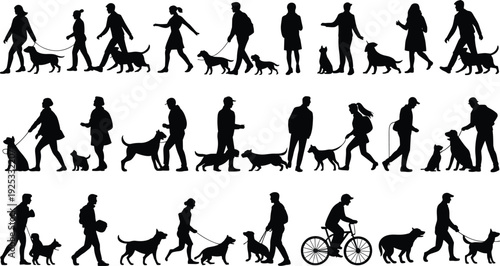 PrintDog walking silhouette, people with pets, outdoor activity, companionship, pet ownership, exercise routine, community lifestyle, animal care, friendship bond, leisure, fitness, 