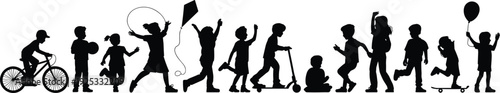 PrintChildren silhouettes playing outdoors, biking, running, skateboarding, flying kite, jumping rope, walking, scooter riding, balloon holding, joyful childhood activities