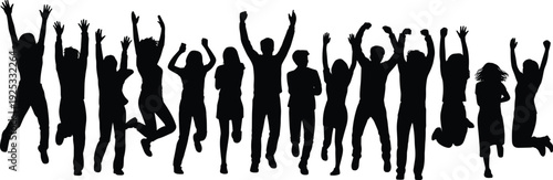 PrintGroup celebration silhouette, joyful people jumping, unity in motion, happiness expression, teamwork success, festive gathering, energetic crowd, community spirit, dynamic posture, excitement
