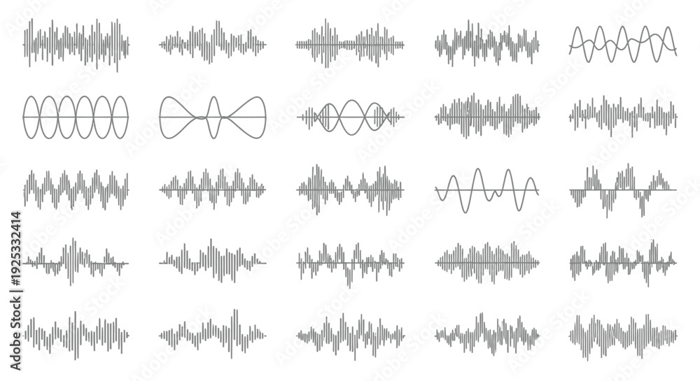 Obraz premium Collection of various sound wave and audio waveform patterns, representing music or voice technology, isolated white background.