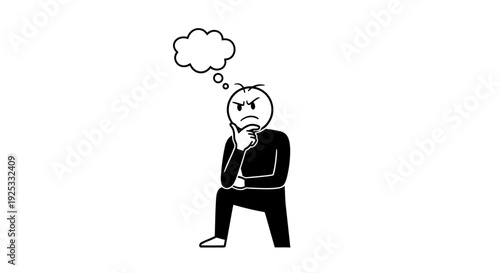 Frustrated stick figure person deeply thinking with a thought bubble, reflecting a problem or confusion, isolated white background.