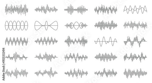 Collection of various sound wave and audio waveform patterns, representing music or voice technology, isolated white background.