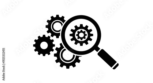 Search and optimization icon with magnifying glass and gears, representing analysis and process, isolated white background.