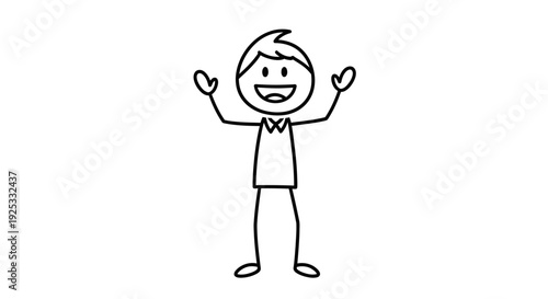 Happy stick figure person with a bow tie and arms raised, celebrating a festive occasion, isolated white background.