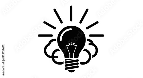 Illuminated light bulb with radiating lines and cloud shapes, symbolizing a new idea or creativity, isolated white background.