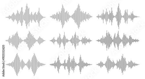 Various sound wave patterns in black and white, representing audio frequency and equalizer display on an isolated white background.