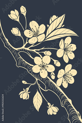 Cherry Blossom Branch Flowers Buds Gold Navy Engraving Style Vector Illustration Dark Background