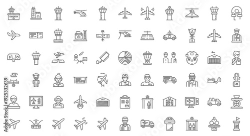 Comprehensive Collection of Airport and Aviation Outline Icons: Airplanes, Control Towers, Luggage, and Travel Services, Isolated White Background
