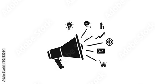 Megaphone Announcing Digital Marketing and Communication Concepts: Ideas, Chat, Growth, Target, Email, and Shopping Cart, Isolated White Background