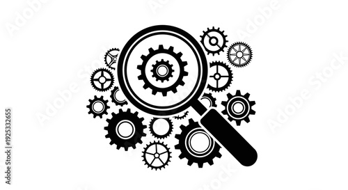 Magnifying Glass with Gears, Representing Search Engine Optimization, Technical Analysis, and Settings Configuration, Isolated White Background