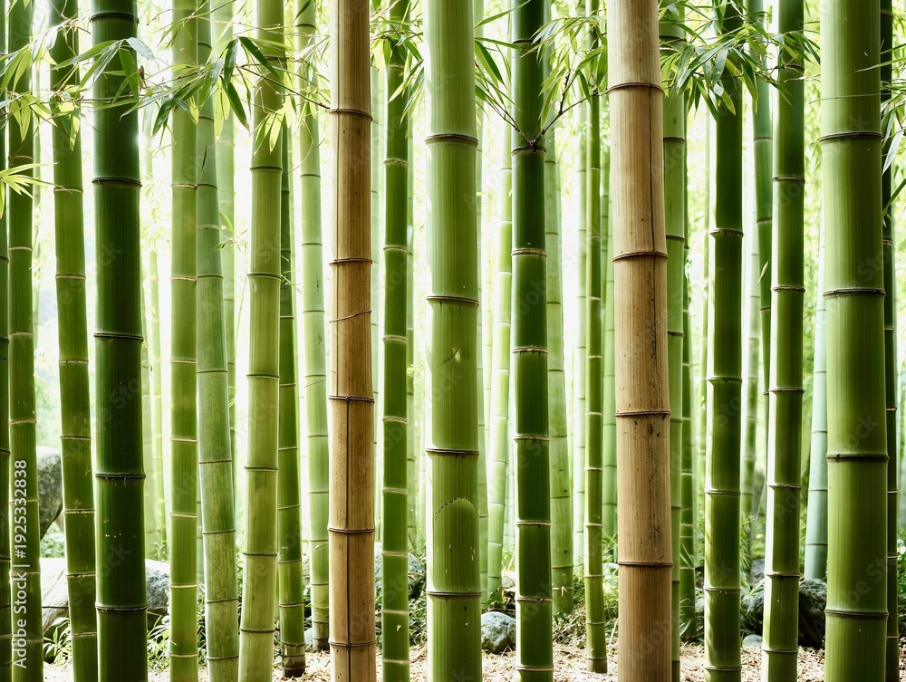 Fototapeta premium Dense bamboo forest with vertical green stems.