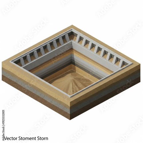 Isometric illustration of an ancient stone structure with layered architecture.