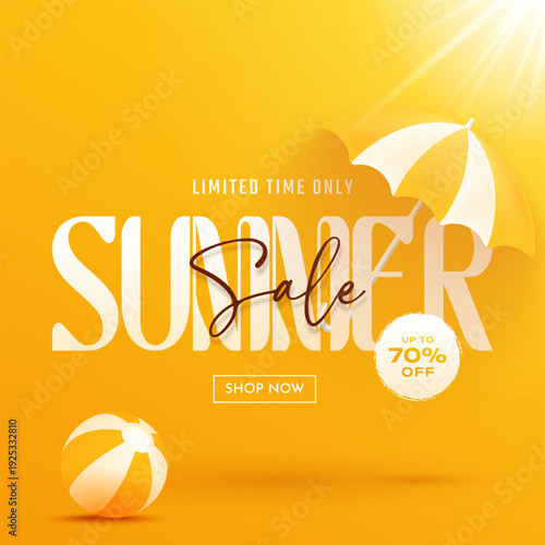 Summer sale promotional banner with beach umbrella and ball