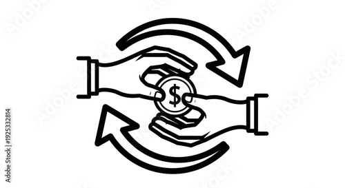 Two hands exchanging a dollar coin with circular arrows, symbolizing money exchange or financial circulation on an isolated white background.