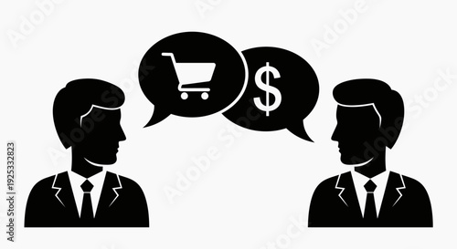 Two businessmen silhouetted in conversation with speech bubbles showing a shopping cart and a dollar sign, isolated white background.