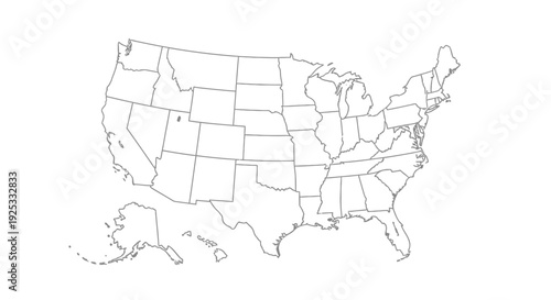 Detailed outline map of the United States of America with state borders, isolated white background.
