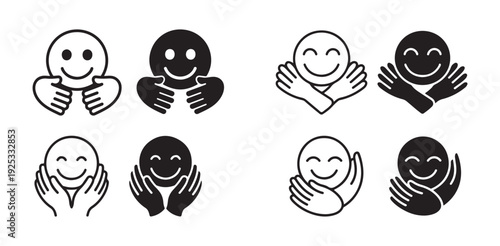 Hugging face emoji icons set showing hands holding smiley faces for support and self care concepts