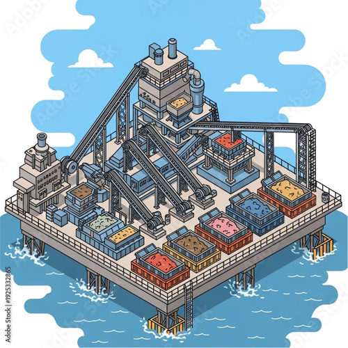 Pixel Art Illustration of an Offshore Oil Rig Platform.