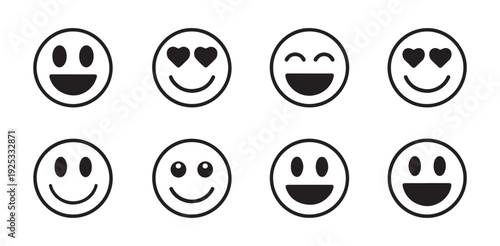 Minimalist happy face emoji icons featuring various smiles and heart eye expressions for messaging