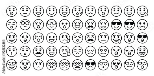 Set of line art emoji icons with various facial expressions displaying different emotions