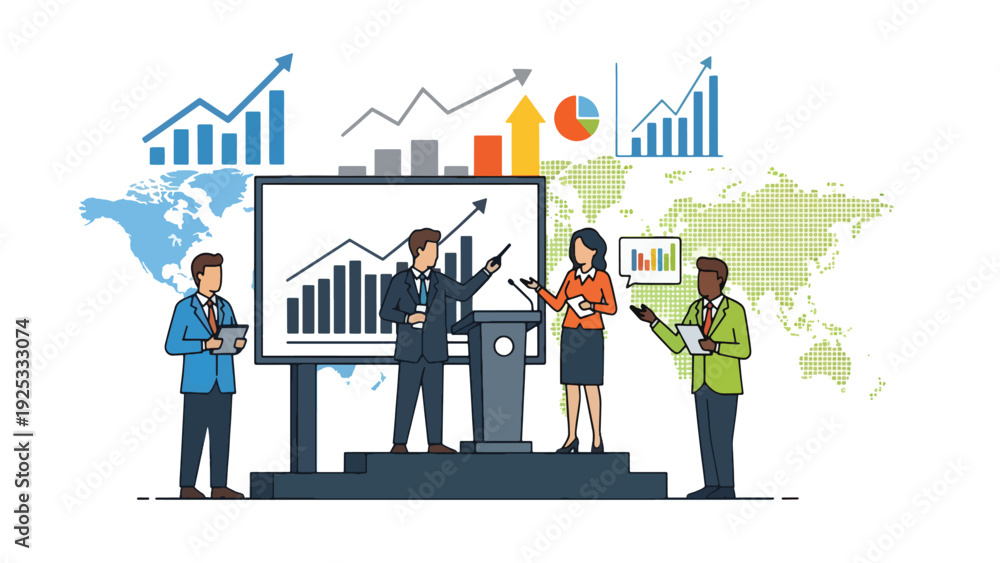 Fototapeta premium Corporate Presentation with Business Professionals Analyzing Financial Graphs and Market Trends