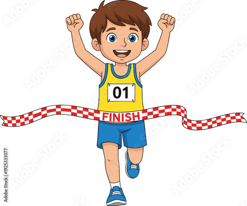 Cartoon boy crossing finish line, running race victory celebration, sports achievement success, marathon competition winner, athletic child triumph, cad drawing flat vector illustration