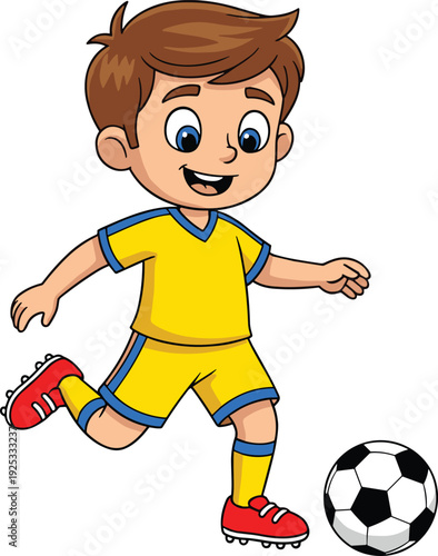 Cartoon boy soccer player, smiling child in yellow uniform, kicking ball action pose, cheerful athlete character, sports mascot, vector illustration, cad drawing flat vector illustration