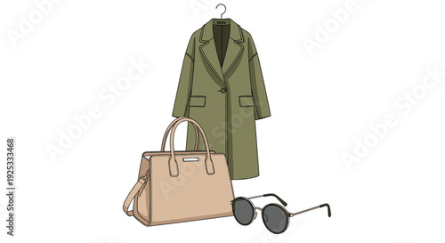 Flat vector illustration of an olive green long coat on a hanger with a beige leather handbag and black sunglasses.