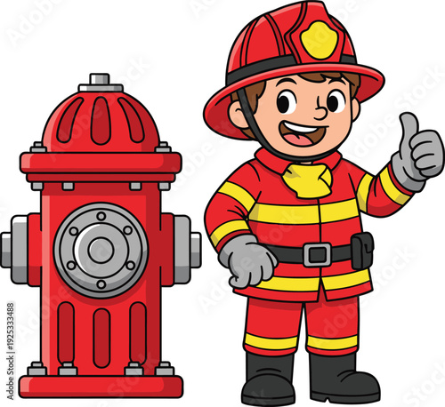 Cartoon firefighter thumbs up, child safety hero, emergency response illustration, fire hydrant character scene, community protection education, cad drawing flat vector illustration