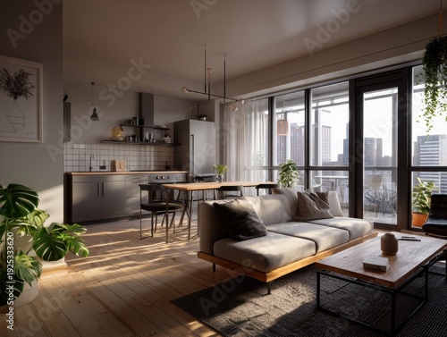 A living room with a couch, a coffee table, and a potted plant