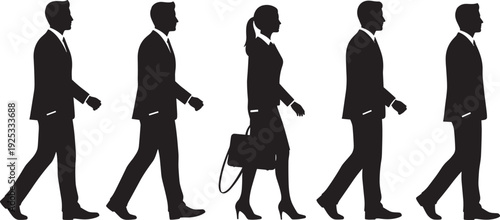 Silhouettes of business professionals walking in line, dressed in suits and formal attire, carrying briefcases and handbags, symbolizing corporate lifestyle, workplace diversity, and professional 