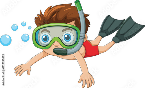Cartoon swimmer underwater snorkeling, child wearing mask fins, recreational diving bubbles scene, marine exploration illustration, cheerful aquatic activity, cad drawing flat vector illustration